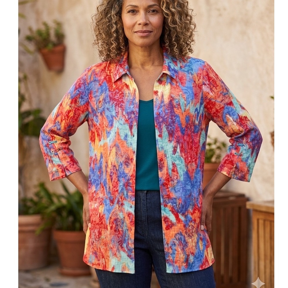 Ali Miles Womens Small Abstract Print Button Front Tunic 3/4 Sleeve Grommet Red